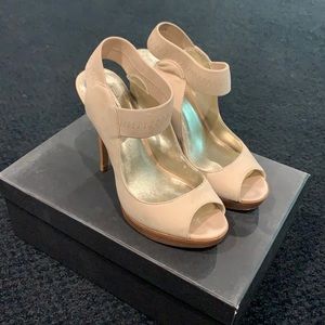 Pelle  Moda Nude Stiletto Open Toe Shoes with Wood Bottom